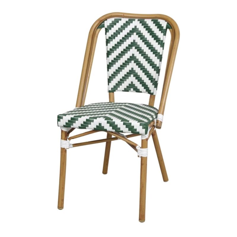 Chaise bistrot colette rotin synthétique extérieur, structure alu et motif chevron vert et blanc, empilable .