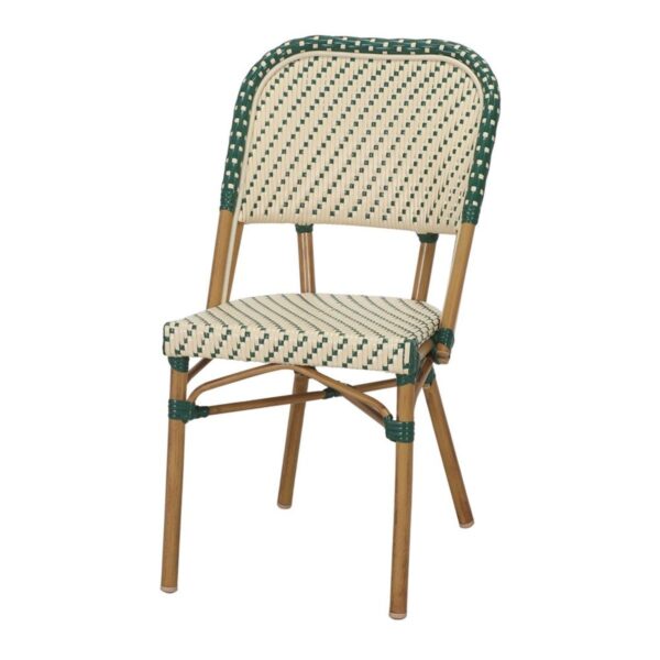 Chaise bistrot Suzanne rotin synthétique extérieur effet bambou empilable verte et beige