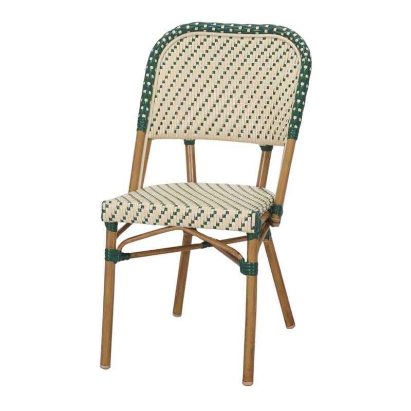 Chaise bistrot Suzanne rotin synthétique extérieur effet bambou empilable verte et beige