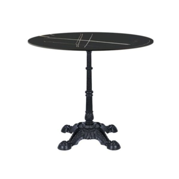 Table restaurant ronde 60 cm avec piètement en fonte et plateau noir effet pierre