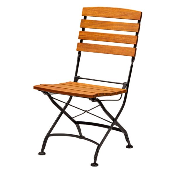 Chaise bois pliable Clara en acier noir et acacia pour terrasse de restaurant et café.