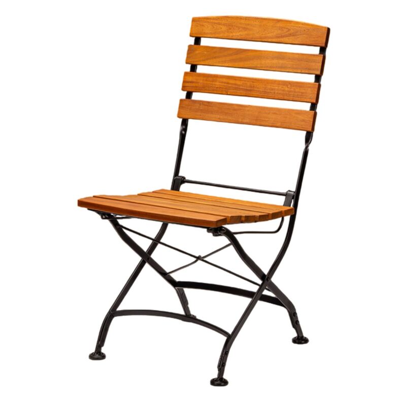 Chaise bois pliable Clara en acier noir et acacia pour terrasse de restaurant et café.