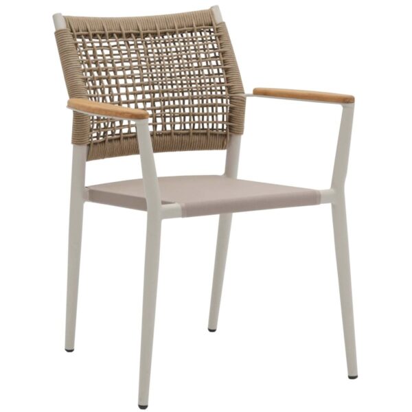 Chaise de terrasse Tomas en aluminium et corde tressée marron avec accoudoirs en teck, mobilier extérieur professionnel empilable