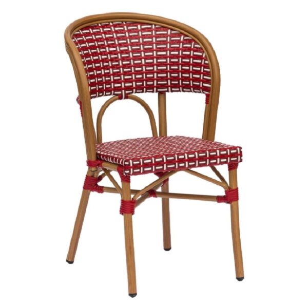 Chaise bistrot bordeaux Milan avec structure aluminium décor chêne naturel et tressage bordeaux blanc