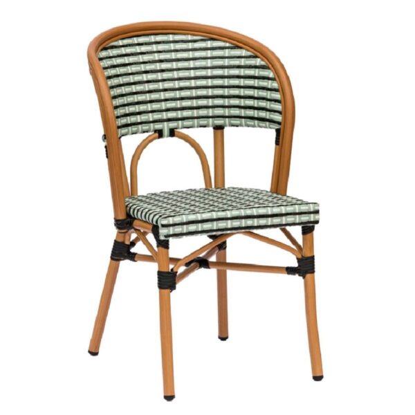 Chaise bistrot Grise Milan avec structure aluminium décor chêne naturel et tressage gris noir blanc