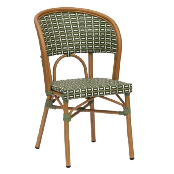 Chaise bistrot Verte Milan avec structure aluminium décor chêne naturel et tressage vert blanc