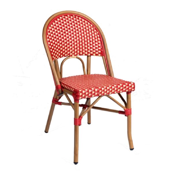 Chaise bistrot rouge Bilbao en aluminium et rotin synthétique pour terrasse de restaurant et mobilier CHR