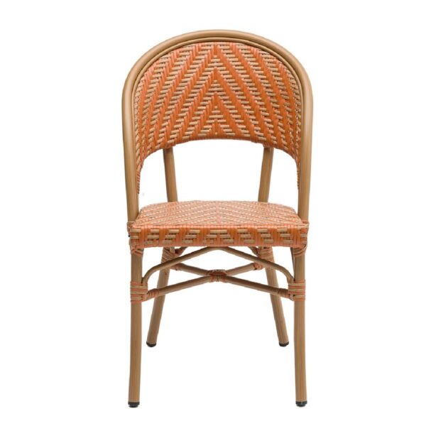 Chaise bistrot ocre et beige en aluminium et rotin synthétique pour terrasse de restaurant et mobilier CHR