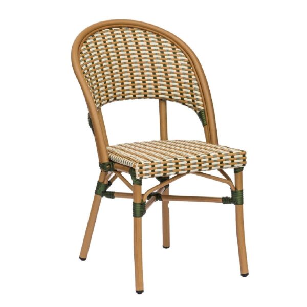 Chaise bistrot verte et beige en aluminium et rotin synthétique pour terrasse de restaurant et mobilier CHR