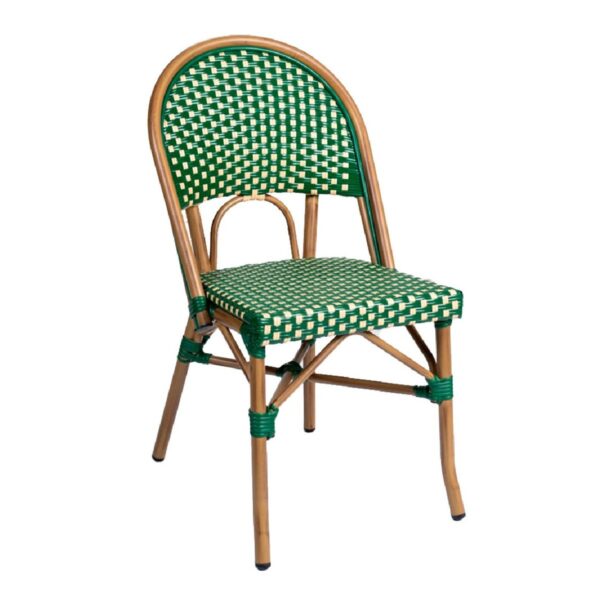 Chaise bistrot verte Bilbao en aluminium et rotin synthétique pour terrasse de restaurant et mobilier CHR