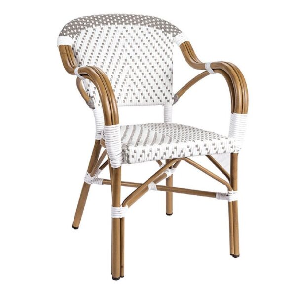 Fauteuil bistrot blanc et gris en aluminium finition bambou et rotin synthétique pour terrasse de restaurant