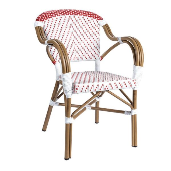 Fauteuil bistrot blanc et rouge en aluminium finition bambou et rotin synthétique. Idéal pour terrasse de café, restaurant, hôtel et mobilier CHR.