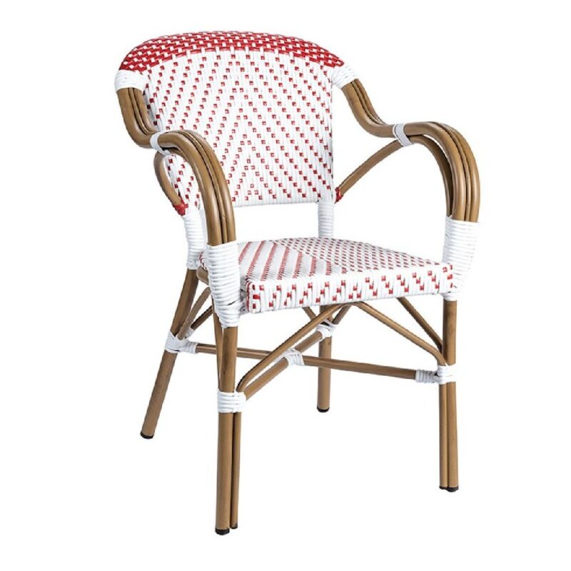 Fauteuil bistrot blanc et rouge en aluminium finition bambou et rotin synthétique. Idéal pour terrasse de café, restaurant, hôtel et mobilier CHR.