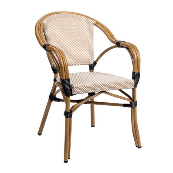 Fauteuil bistrot textilène beige en aluminium finition bambou pour terrasse de restaurant et mobilier CHR