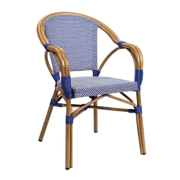 Fauteuil bistrot textilène bleu et blanc en aluminium pour terrasse de restaurant et mobilier CHR