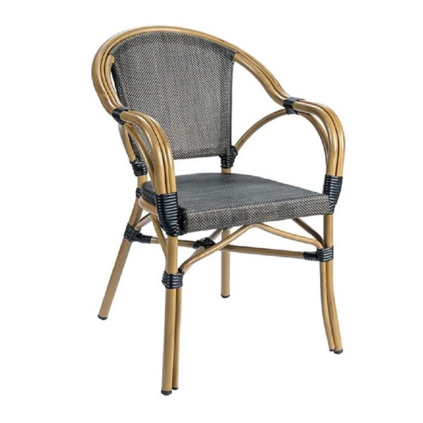 Fauteuil bistrot textilène noir en aluminium finition bambou pour terrasse de restaurant et mobilier CHR