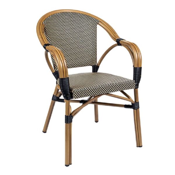 Fauteuil bistrot textilène noir et crème en aluminium pour terrasse de restaurant et mobilier CHR