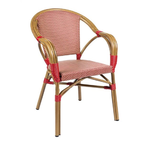 Fauteuil bistrot textilène rouge et crème en aluminium pour terrasse de restaurant et mobilier CHR