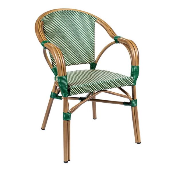 Fauteuil bistrot textilène vert et crème en aluminium pour terrasse de restaurant et mobilier CHR