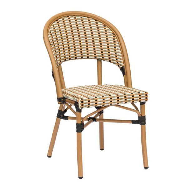 Chaise bistrot noire crème et grise en aluminium et rotin synthétique pour terrasse de restaurant et mobilier CHR