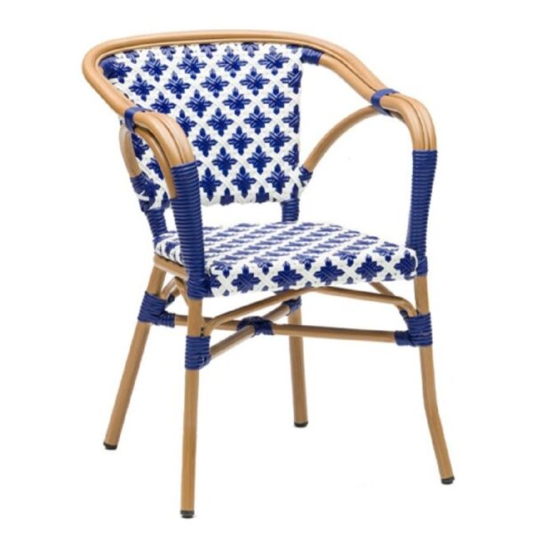 Fauteuil bistrot Calvi Bleu 8 Fauteuil bistrot Calvi Bleu et Blanc avec structure aluminium et tressage polyrotin pour cafés, hôtels et restaurants