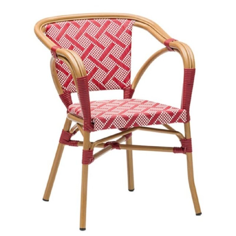 Fauteuil bistrot Calvi Textilène avec tressage rouge et blanc et structure aluminium finition chêne naturel