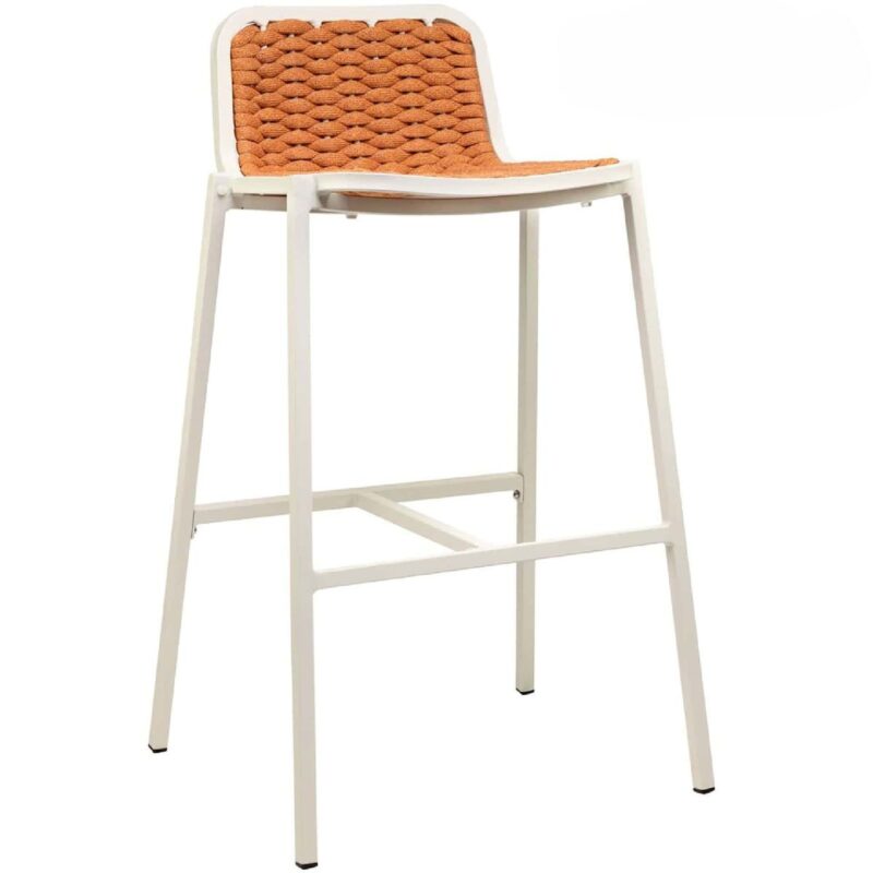 Tabouret extérieur Terra Orange en aluminium blanc et corde tressée pour terrasse de restaurant, café et hôtel